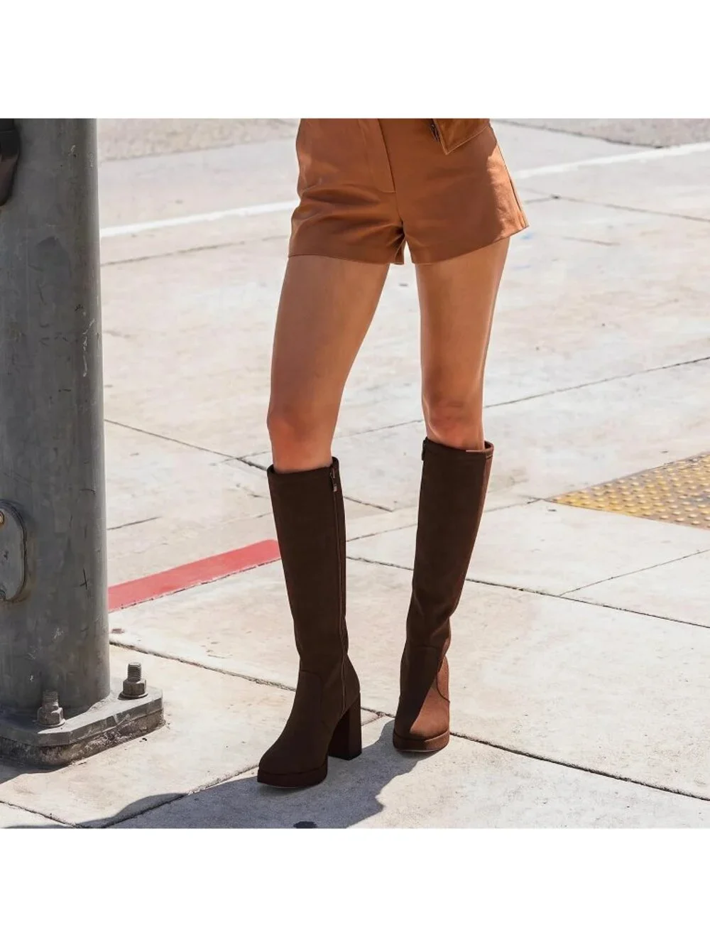 Women's Dark Brown Chunky Platform Heel Round Toe Side Zipper Knee High Boots